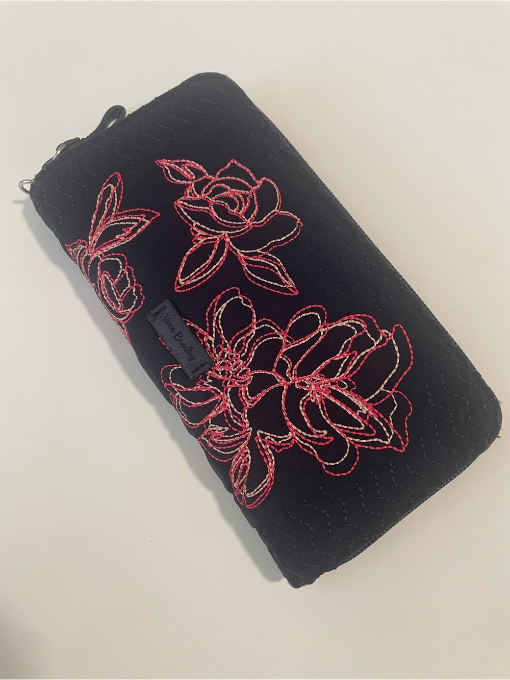 Vera Bradley RFID Dark Navy Blue Quilted Wallet with Pink Floral Stitching Zip